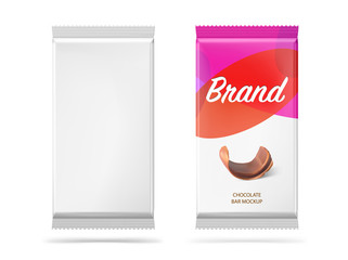 Realistic chocolate bar mockup with example. Vector illustration isolated on white background. Easy to use for presentation your product, idea, design. EPS10.