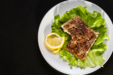 Two pieces of grilled fish fillet with the fresh leasf of lettuce and lemon on white plate on black background. Top view.