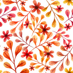 flowers and pink branches painted with watercolor on a white background