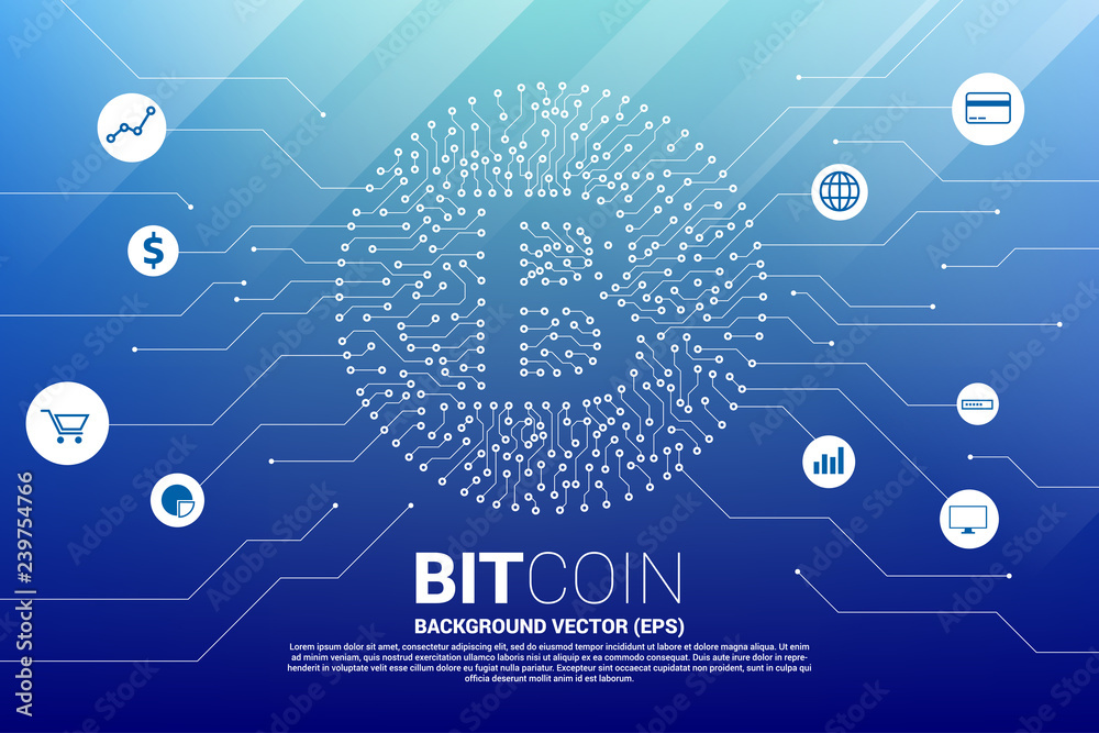 Poster Vector bitcoin icon from circuit board style dot connect line with functional icon. Concept for cryptocurrency technology and financial network connection.