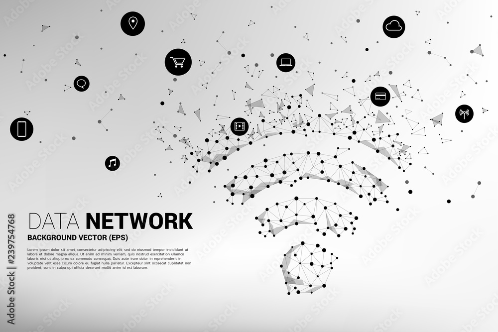 Poster Vector dot connect line mobile data signage with functional icon. Concept for data transfer of mobile and wi-fi data network.