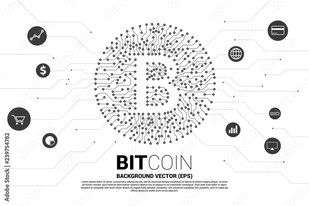 Aufkleber Vector bitcoin icon from circuit board style dot connect line with functional icon. Concept for cryptocurrency technology and financial network connection.