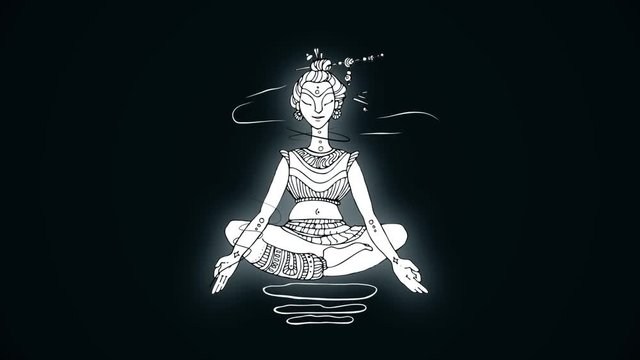 White animated picture of yogi on a dark background in the lotus position. Meditation and relax.