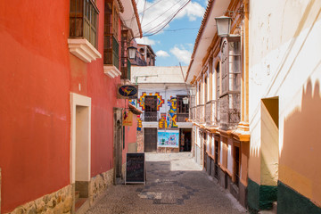 Fototapeta na wymiar LA PAZ, BOLIVIA DEC 2018: Jaen Street in La Paz, Bolivia city center