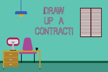 Conceptual hand writing showing Draw Up A Contract. Business photo showcasing Write a business agreement cooperation legal papers Minimalist Interior Computer and Study Area Inside a Room