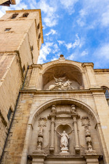 Fototapeta na wymiar Santiago el Real Church in Logrono, La Rioja Spain on the Way of St. James, Camino de Santiago, facade partial exterior view from below