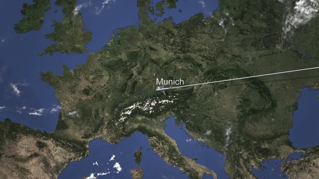 Route of a commercial plane flying to Munich, Germany on the map, 3D animation 