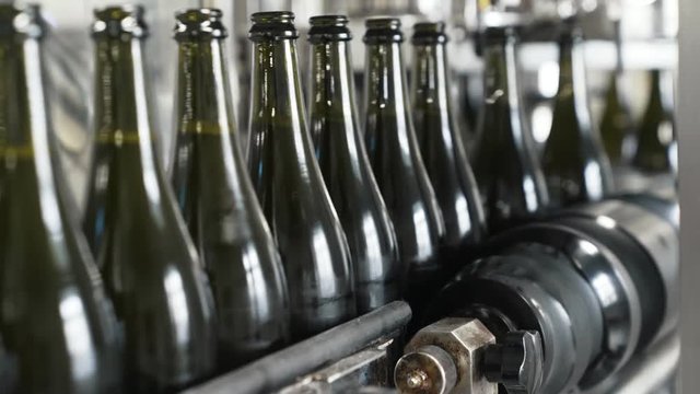 Close-up green color bottles move along conveyor line at a factory of champagne or wine