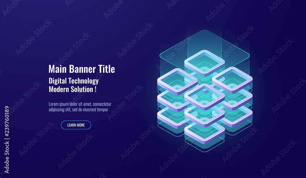 Wall mural big data processing, data security concept, isometric icon, database server room, datawarehouse and 