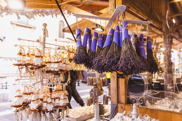 Kiosk with aroma products and lavandula made in Hungary in the beautiful Christmas Market at St. Stephen's Square in front of the St. Stephen's Basilica in Budapest