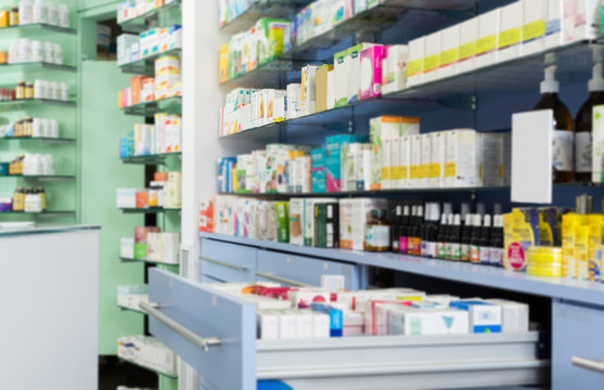 Different medicines on the shelves in the pharmaceutical department