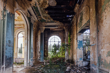 Fototapeta na wymiar Ruined large hall interior overgrown by plants and moss