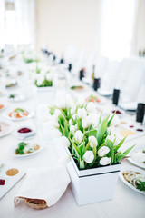 Dinner table serving. White tulips stand in flowerpots on white table served with delicious food