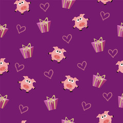 seamless romantic pattern with pig and gift box with hearts
