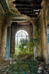 Obraz premium Ruined large hall interior overgrown by plants and moss