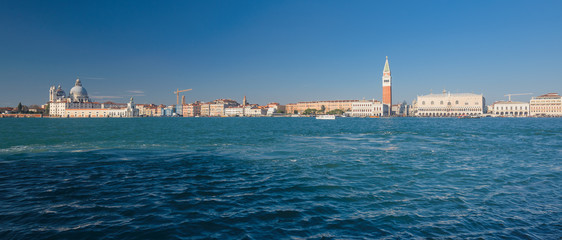 Panorama of Venice. Aerial view of Piazza San Marco or st Mark square, Campanile and Palazzo Ducale or Doge Palace. Italy, Europe.