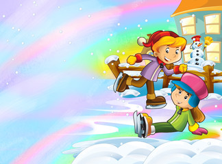 Naklejka premium Cartoon winter nature scene with happy snowman and kids on ice skates - illustration for children