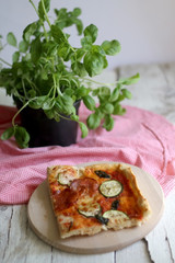 Slice of homemade pizza with tomato sauce, cheese, salami and zucchini. Fresh basil in the background. Selective focus.