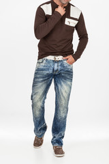 Naklejka premium fashion menswear, man wearing blue jean and shirt long sleeve