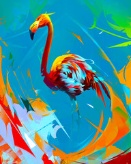 painted bright flamingo bird on abstract background - obrazy, fototapety, plakaty