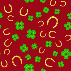 Clover and horseshoe on red background - seamless vector pattern