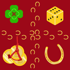 Luck symbols clover, hinese coins, dice and horseshoe vector pattern