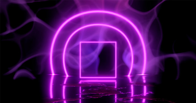 3d rendering illustration. Square Purple and red neon light on a smoke background. Neon frame for your design.