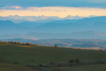 Sunset over the Pyrenees seen from Aude, France