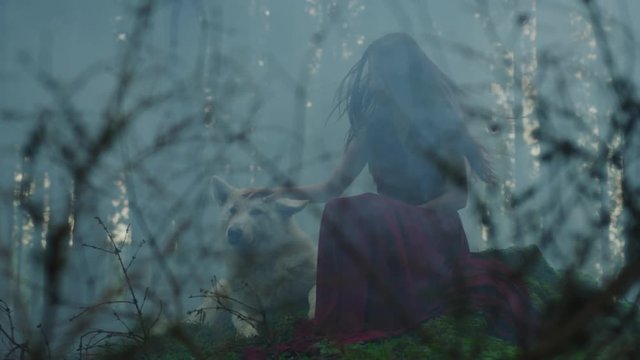 Young woman caressing a dog 