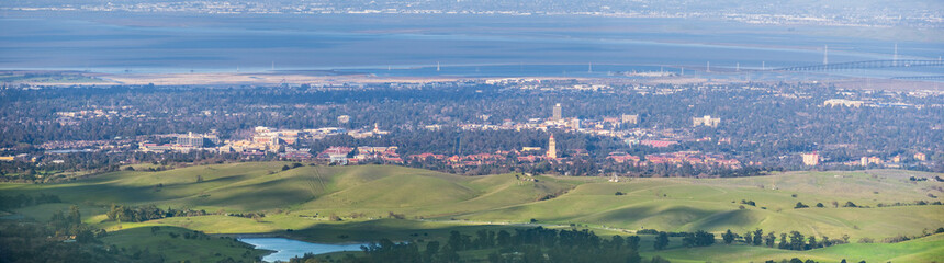 Aerial view of Stanford; Palo Alto, Menlo Park, Redwood City and the San Francisco bay shoreline in...