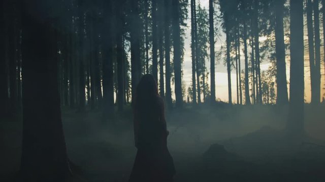 Woman walking in a misty forest