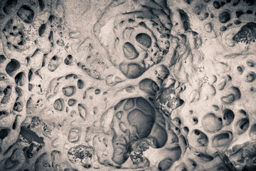 Eroded sandstone ceiling, Castle Rock State Park, Santa Cruz mountains, California; black and white