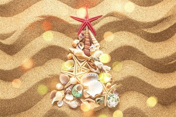 Fir tree made of sea shells on sand background