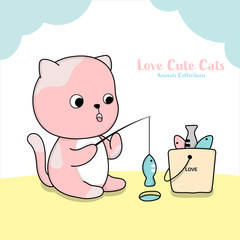 Cute cat fishing animal hand drawn style.