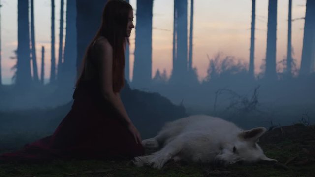 Woman kneeling and caressing a dog