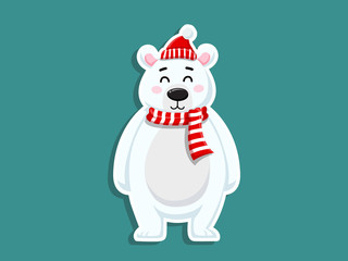 Vector Cartoon Cute Polar Bear Sticker. Merry Christmas and happy new year. decorative element on holiday. Greeting card design, posters, gift tags and labels.