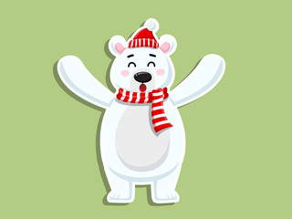 Vector Cartoon Cute Polar Bear Sticker. Merry Christmas and happy new year. decorative element on holiday. Greeting card design, posters, gift tags and labels.