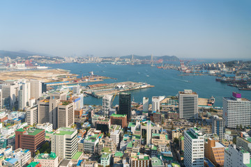 Fototapeta na wymiar Aerial view of Busan downtown cityscape in Busan, South Korea.