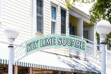 Key Lime Square sign at Duval street with many shops, stores, restaurants, cafe selling food in Key West, Florida keys city, urban view, outdoor, outside shopping mall