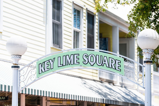 Key Lime Square Sign At Duval Street With Many Shops, Stores, Restaurants, Cafe Selling Food In Key West, Florida Keys City, Urban View, Outdoor, Outside Shopping Mall