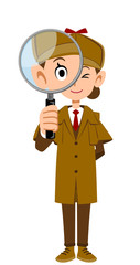 虫眼鏡を覗く女性の探偵　全身
