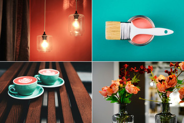 Creative collage - mood board in Coral color. Main interior design trend concept. Natural and...