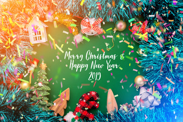 festive celebration background ideas concept with christmas eve holiday decorating items green color floor with free copy space