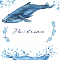 Watercolor card with oceanic mammals. A card with a whale, narwhal, sperm whale and spray of the sea for a birthday party, themed design and more.