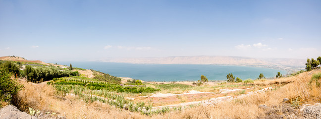 View of fields and orchards overlooking Israel’s Sea of Galilee as seen from Poriya Illit - obrazy, fototapety, plakaty