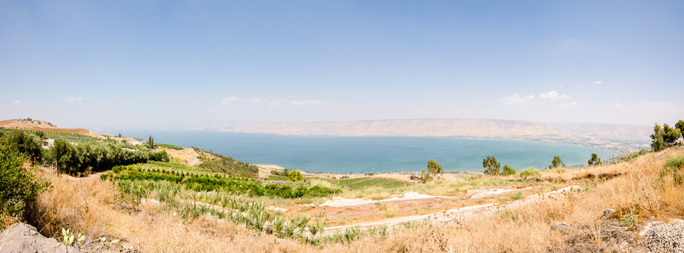 View of fields and orchards overlooking Israel&rsquo;s Sea of Galilee as seen from Poriya Illit