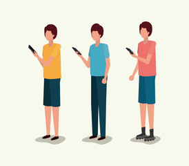 group of young men using smartphone