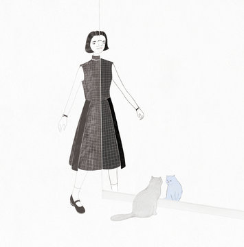Illustration of woman with cat standing by mirror