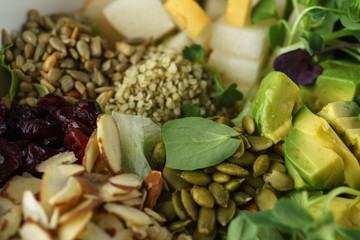 seeds vegan avocado  salad close up
