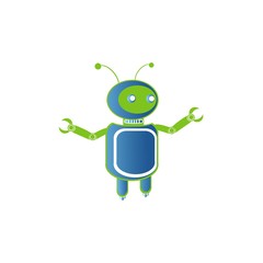 Robot logo, artificial intelligence, badge for company identity, technology or computer related services vector Illustration isolated on a white background.